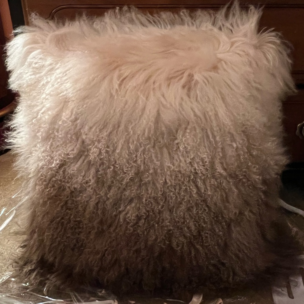 Aurelle Home 22” ombré cream and brown Mongolian lamb fur throw pillow, as new!! - Picture 5 of 5